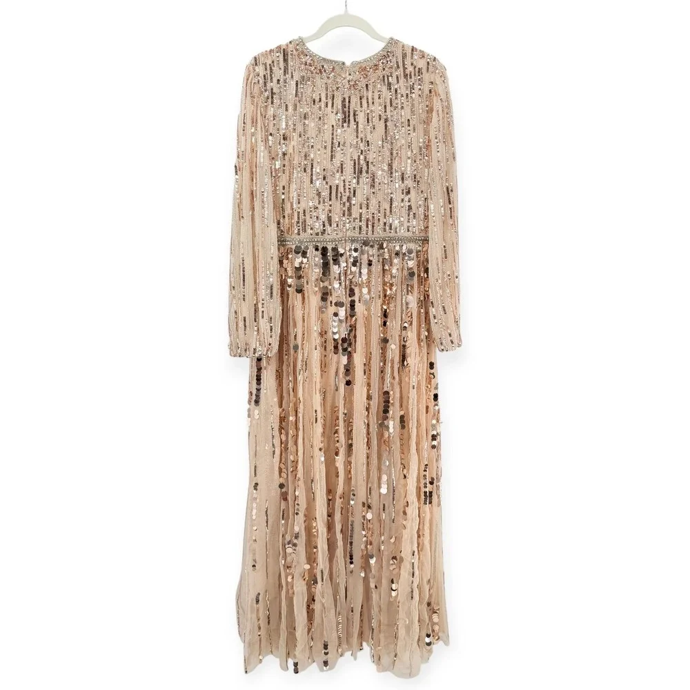 NWT Mac Duggal Beige Embellished Mesh Long Sleeve V Neck Gown $698 - Size 16
